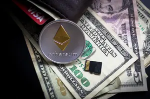 A crypto coin resting on US banknotes beside a Visa card, the two funding routes open to most Jamaican buyers